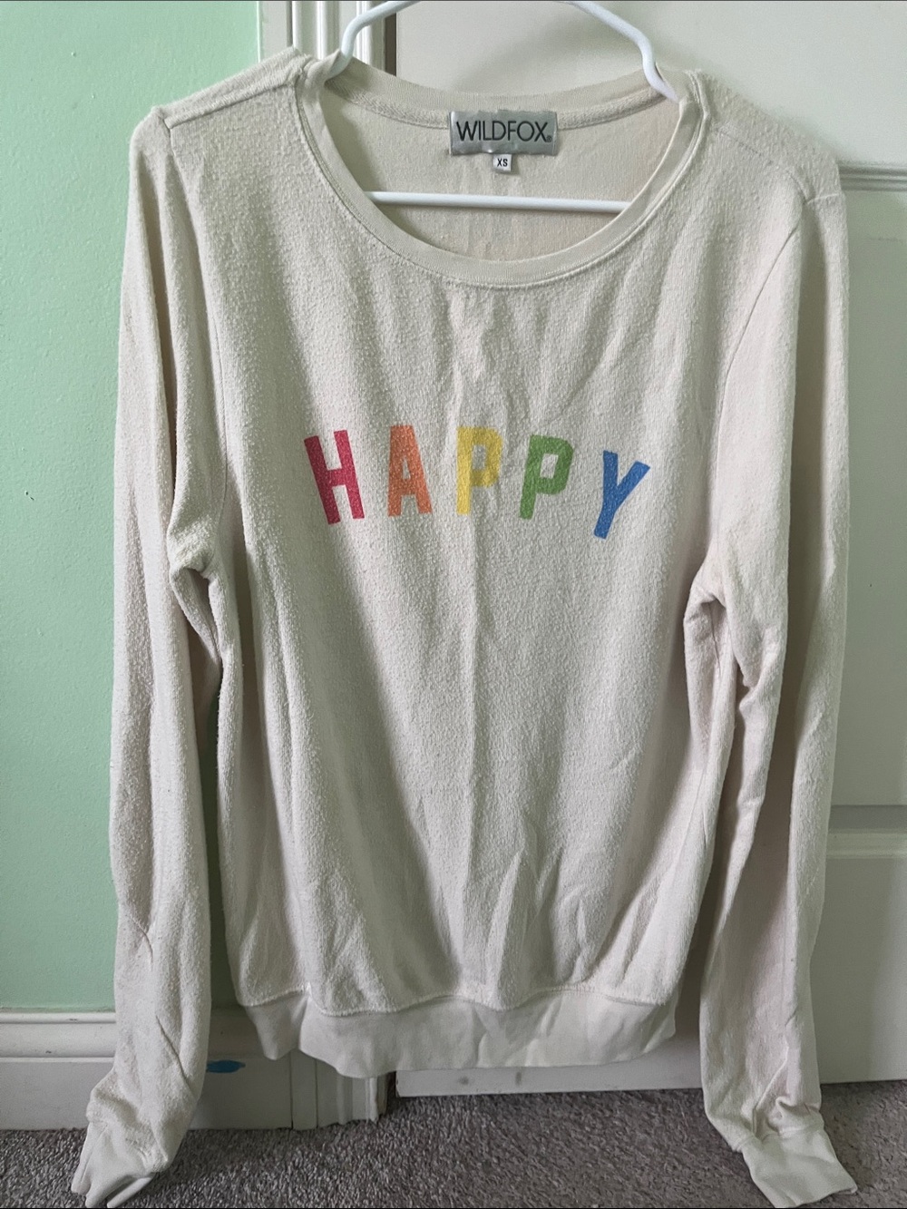 Wildfox Cream Crewneck Sweater with Rainbow "HAPPY" Lettering